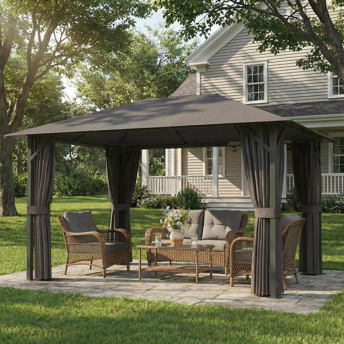 PAVILLON Metall Polyester Dunkelgrau - Dunkelgrau, Textil/Metall (294/255/394cm) - Outsunny