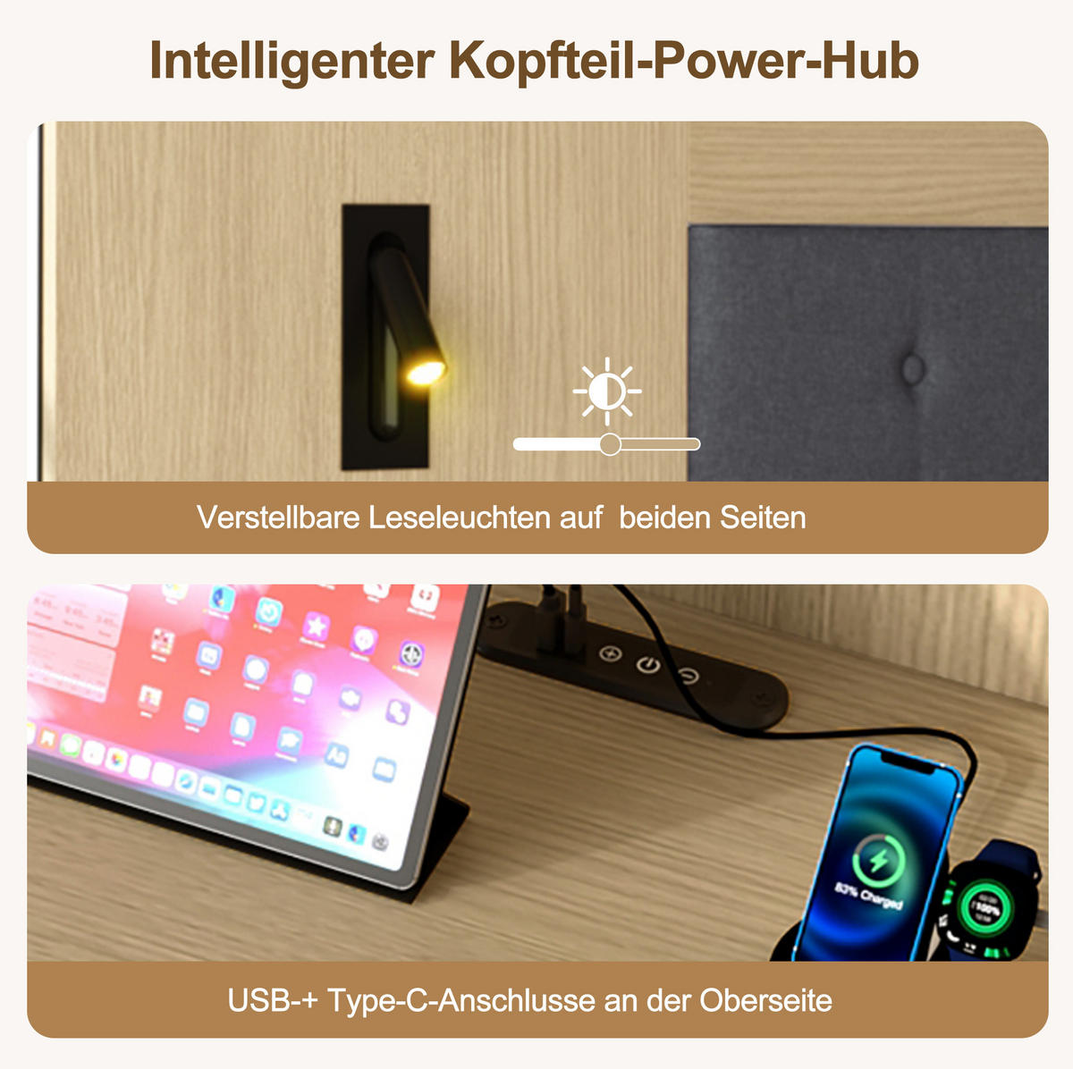 MANŽELSKÁ posteľ 160/200 cm svetlý dub z MDF s úložným priestorom USB Type-C a lampami s 2 nočnými stolíkmi - farba duba, kompozitné drevo (180/200cm) - OKWISH