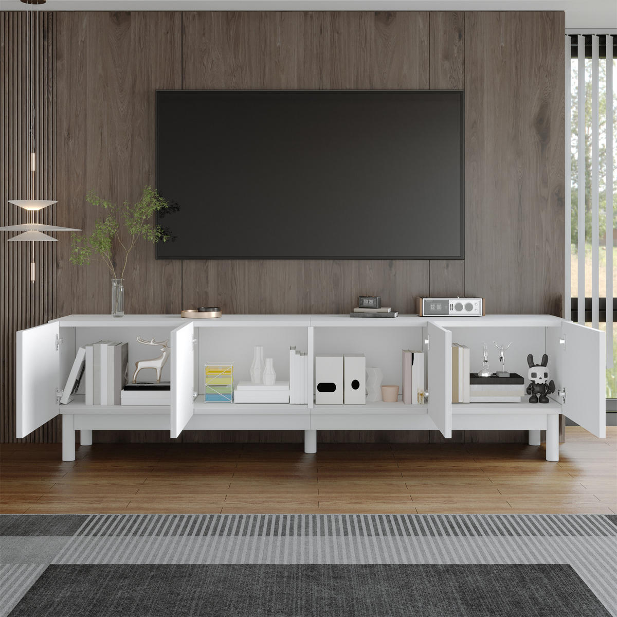 TV Lowboard 175x38x56 cm, verstellbare Einlegeböden, Weiß - Weiß, Holz (169/45/34cm)