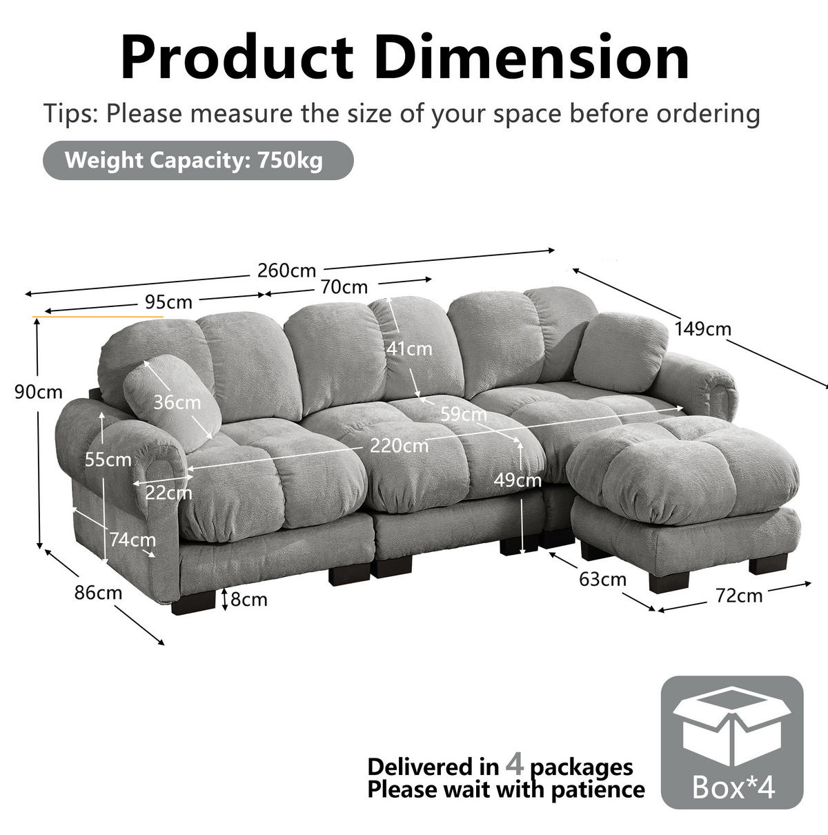 SOFA 3-Sitzer L-Form Chenille Hellgrau - Hellgrau, Holz (149/260cm) - Meubliv