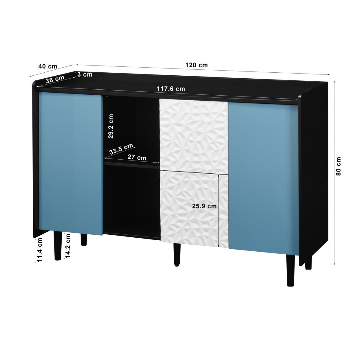 SIDEBOARD 120/40/80 cm Schwarz/Blau aus MDF mit 2 Schubladen - Schwarz, Holzwerkstoff (40/80/120cm) - OKMYHOME