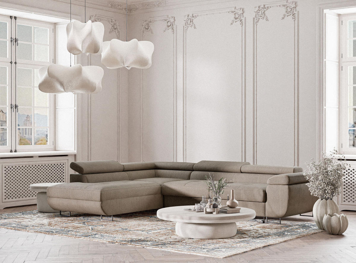 ECKSOFA MIT SCHLAFFUNKTION Concord Dunkelbeige Samtstoff - Beige/Schwarz, Holz/Holzwerkstoff (203/277cm) - Maison de Reve