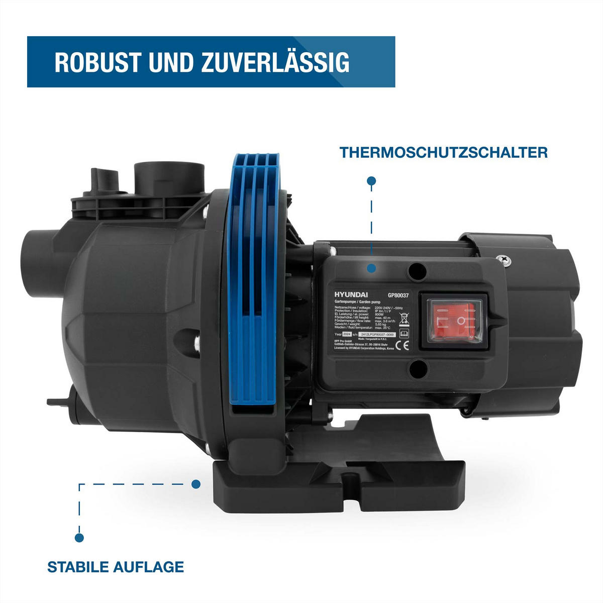 GARTENPUMPE GP80037 (800W, 3.600 l/h, Förderhöhe max. 40m, Ansaughöhe max. 7m) - Schwarz, Kunststoff (19.8/20.7/34.6cm) - HYUNDAI