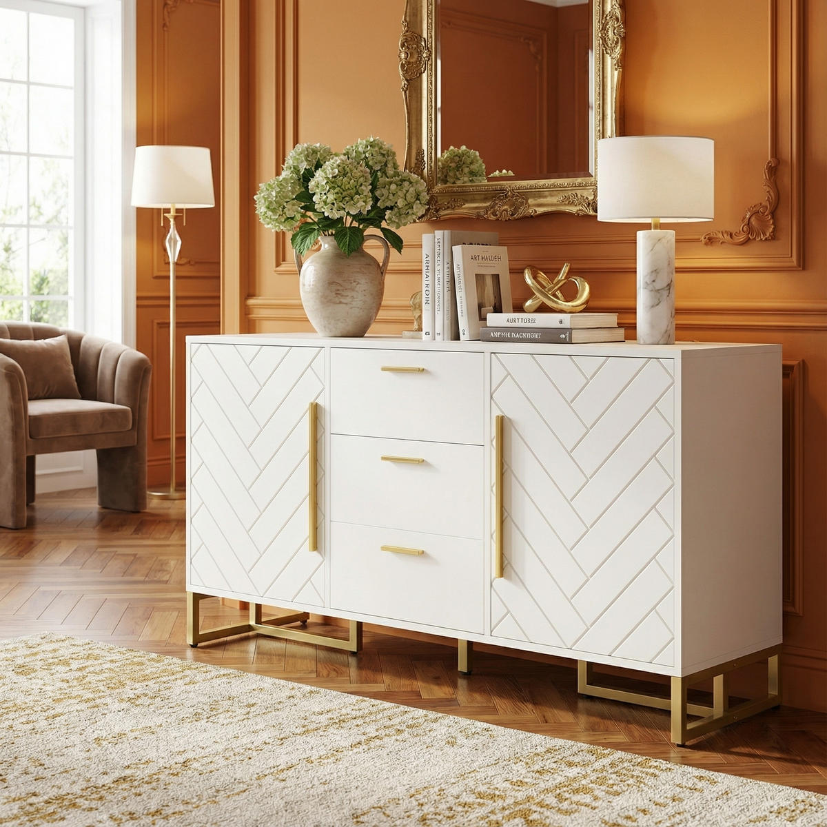SIDEBOARD in Weiß & Gold mit 2 Türen & 3 Schubladen - Weiß, Holzwerkstoff (145/75/40cm) - Urban Meuble