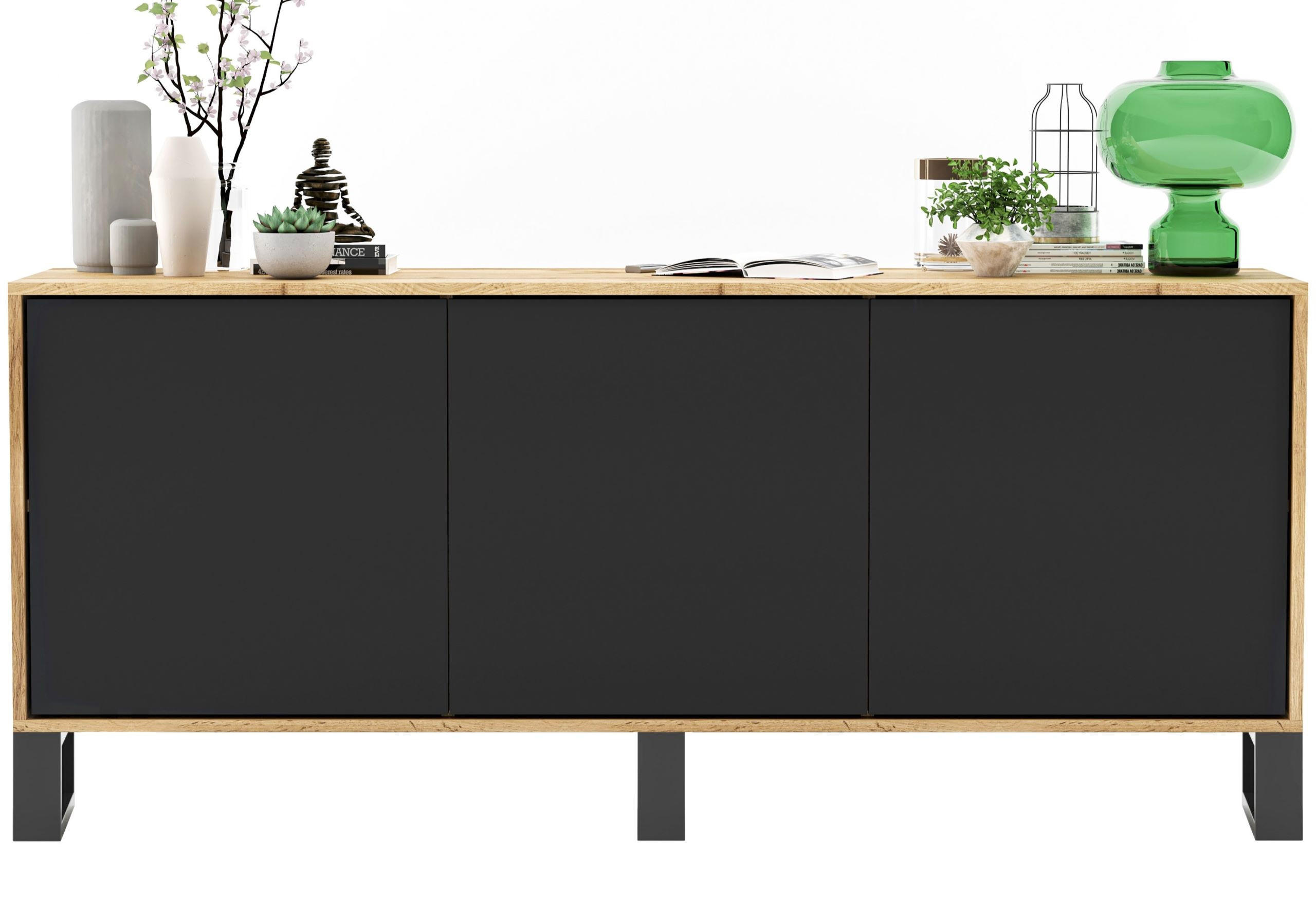 KOMMODE Apollo 3D Eiche wotan Schwarz Matt 168/72/35 cm - Schwarz, Holzwerkstoff/Metall (168/72/35cm) - Meble Lindner
