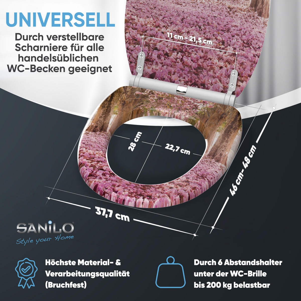 WC-SITZ mit Absenkautomatik & Top Fix Romantik - Pink, Holzwerkstoff (37.7/5.5/48cm) - Sanilo