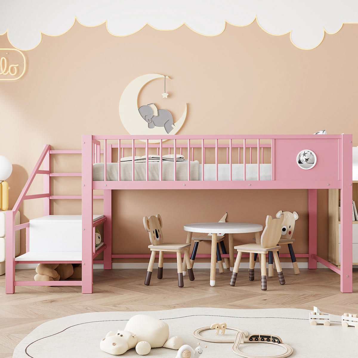 HOCHBETT 90/200 cm aus Metall und MDF mit Stauraumleiter Rosa - Pink, Metall (90/200cm) - Modenvie