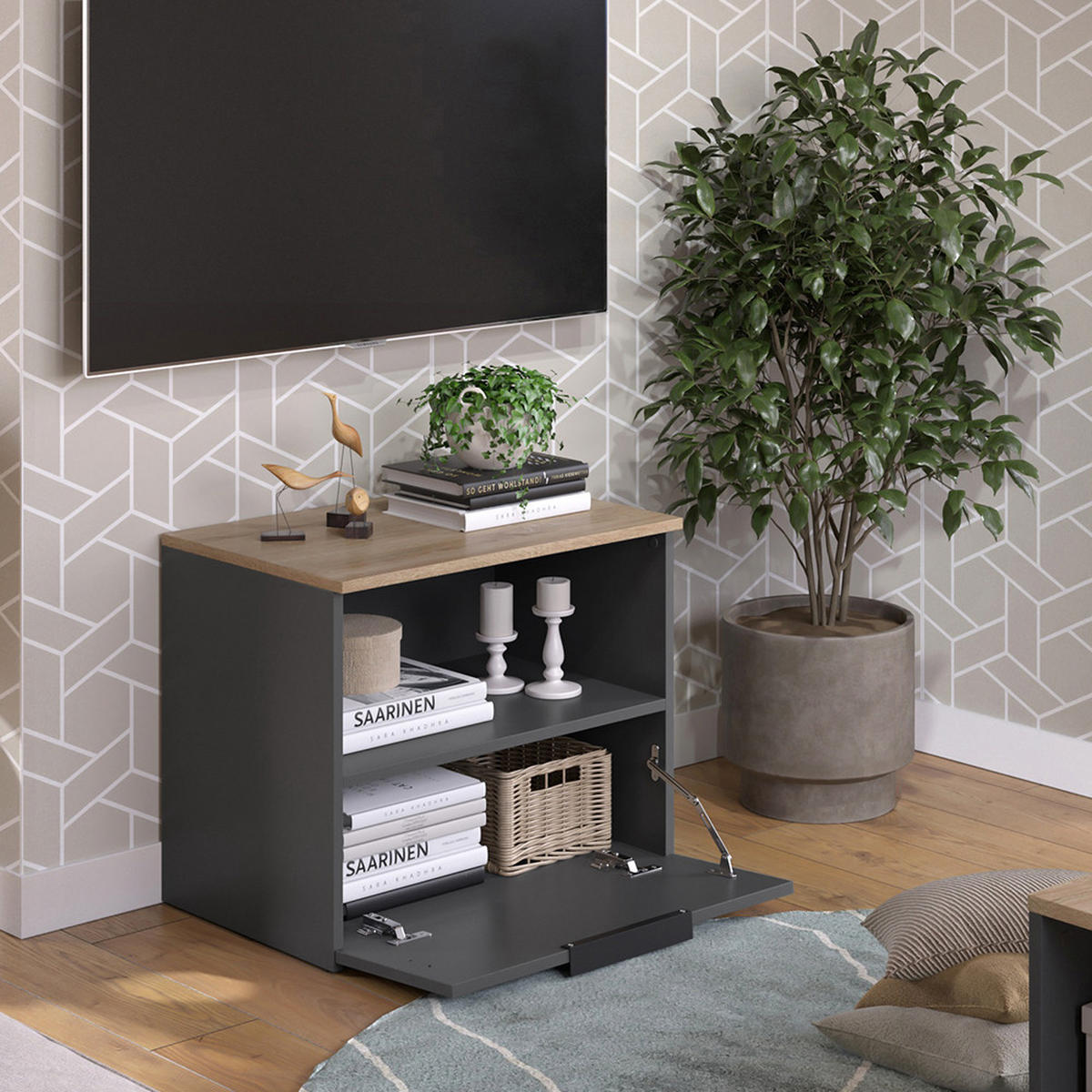 KOMMODE Wido Anthrazit/Sonoma 60 x 50 cm mit klappe - Anthrazit, Holzwerkstoff (60/50/40cm) - Vicco
