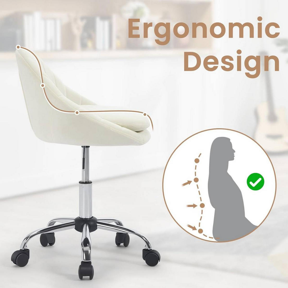 DREHSTUHL ergonomisch, Schminkstuhl, Samt, Cremeweiß - Creme/Schwarz, Textil/Metall (52/72/48cm) - Woltu