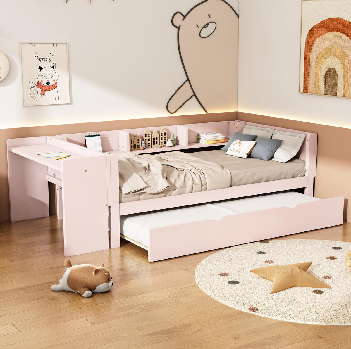 KINDERBETT 90/200 cm mit Ausziehbett, Schreibtisch und 3 Regalen, Rosa - Rosa, Holzwerkstoff (90/200cm) - Redom