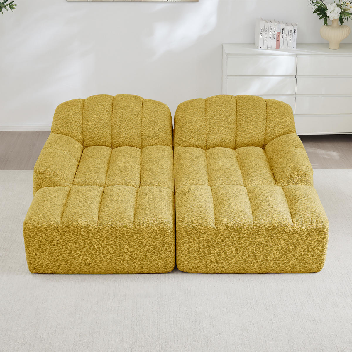 2-SITZER SOFA Granulierter Fleece Gelb mit 2 Ottomans - Gelb, Textil (210/79/165cm) - WISHDOR