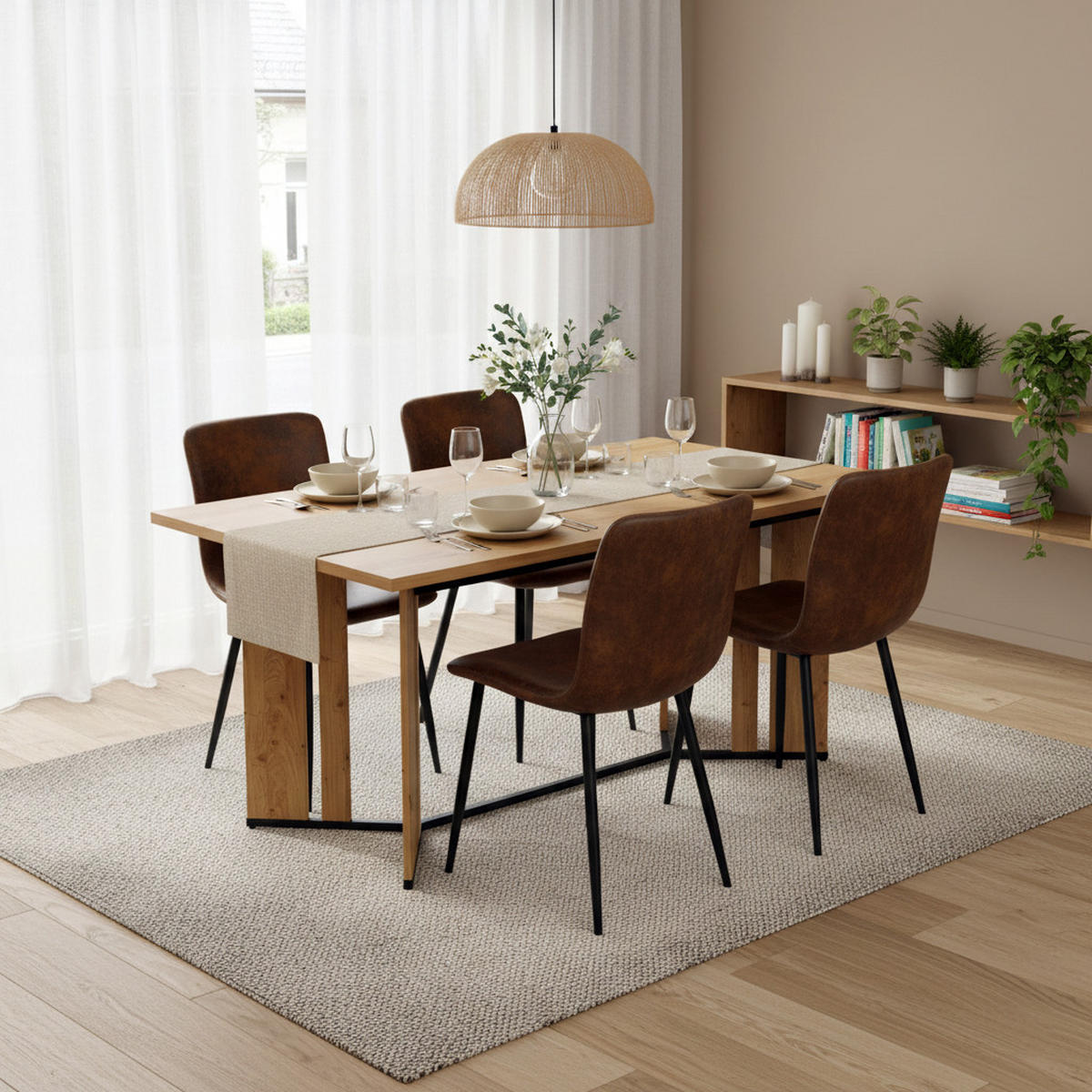 TISCHGRUPPE 5-teilig Design-Esstisch 150 cm Eiche-Optik mit Akzentstreifen & 4 Stühle - Schwarz/Eiche San Remo, Holzwerkstoff/Textil (150/76/80cm) - Urban Meuble