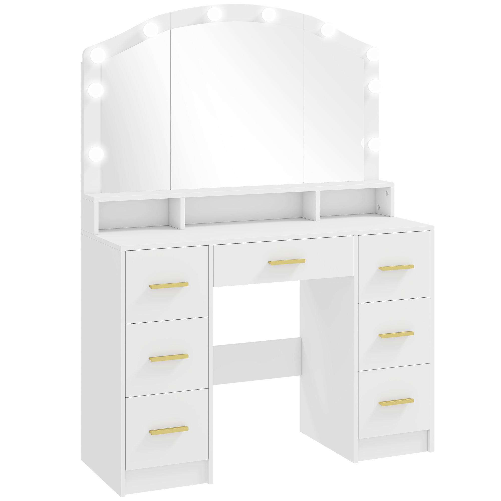 SCHMINKTISCH mit LED-Beleuchtung, 3 Lichtfarben, Spiegel, 7 Schubladen, Weiß - Weiß, Holzwerkstoff (40/150/110cm) - HOMCOM