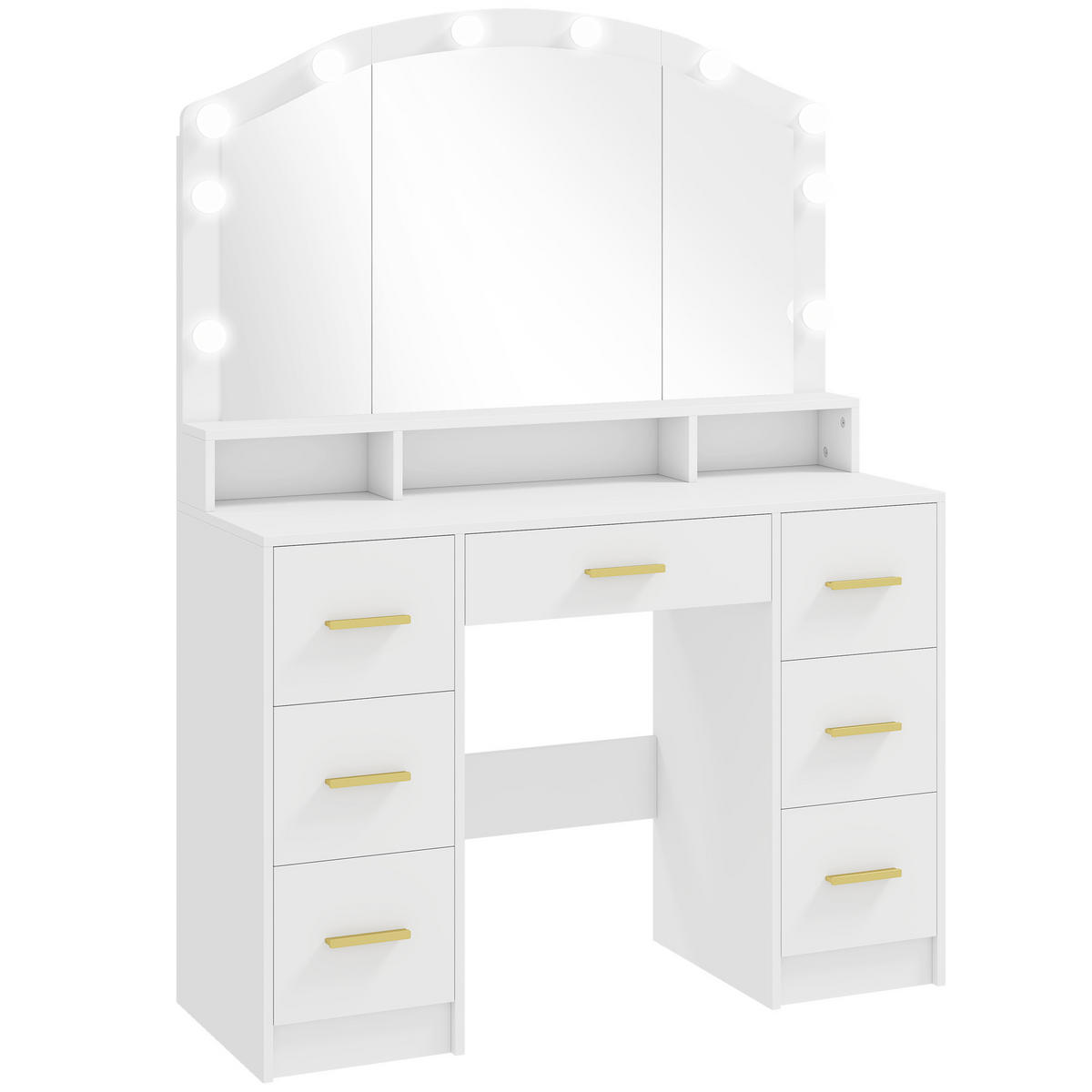 SCHMINKTISCH mit LED-Beleuchtung, 3 Lichtfarben, Spiegel, 7 Schubladen, Weiß - Weiß, Holzwerkstoff (40/150/110cm) - HOMCOM