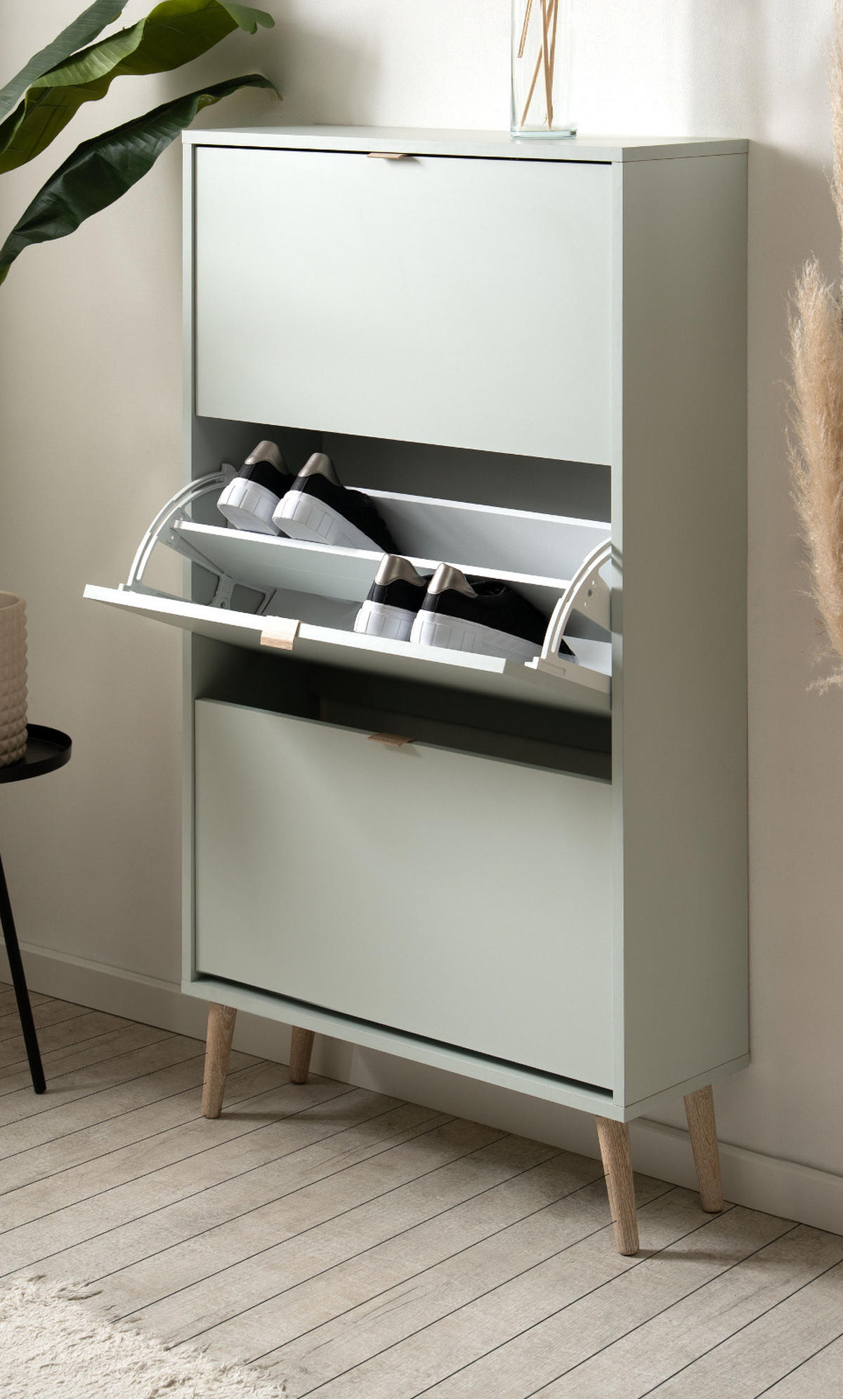 SCHUHSCHRANK Pastellgrün 70 x 125 cm, Schuhkipper mit 3 Klappen - Eichefarben/Pastellgrün, Eichenholz/Holz (70/125/24cm) - Furn.Design