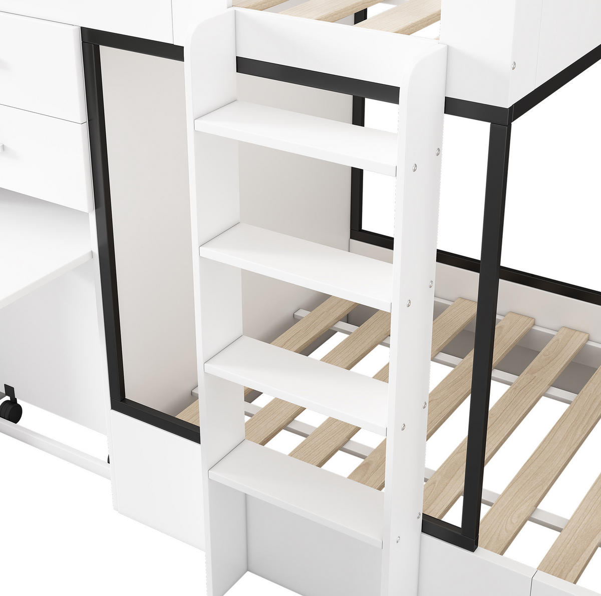 ETAGENBETT aus MDF 90x200 cm Weiß/Schwarz mit ausziehbarem Schreibtisch, Kleiderschrank und Stauraum - Weiß, Holzwerkstoff (90/200cm) - IVMEU