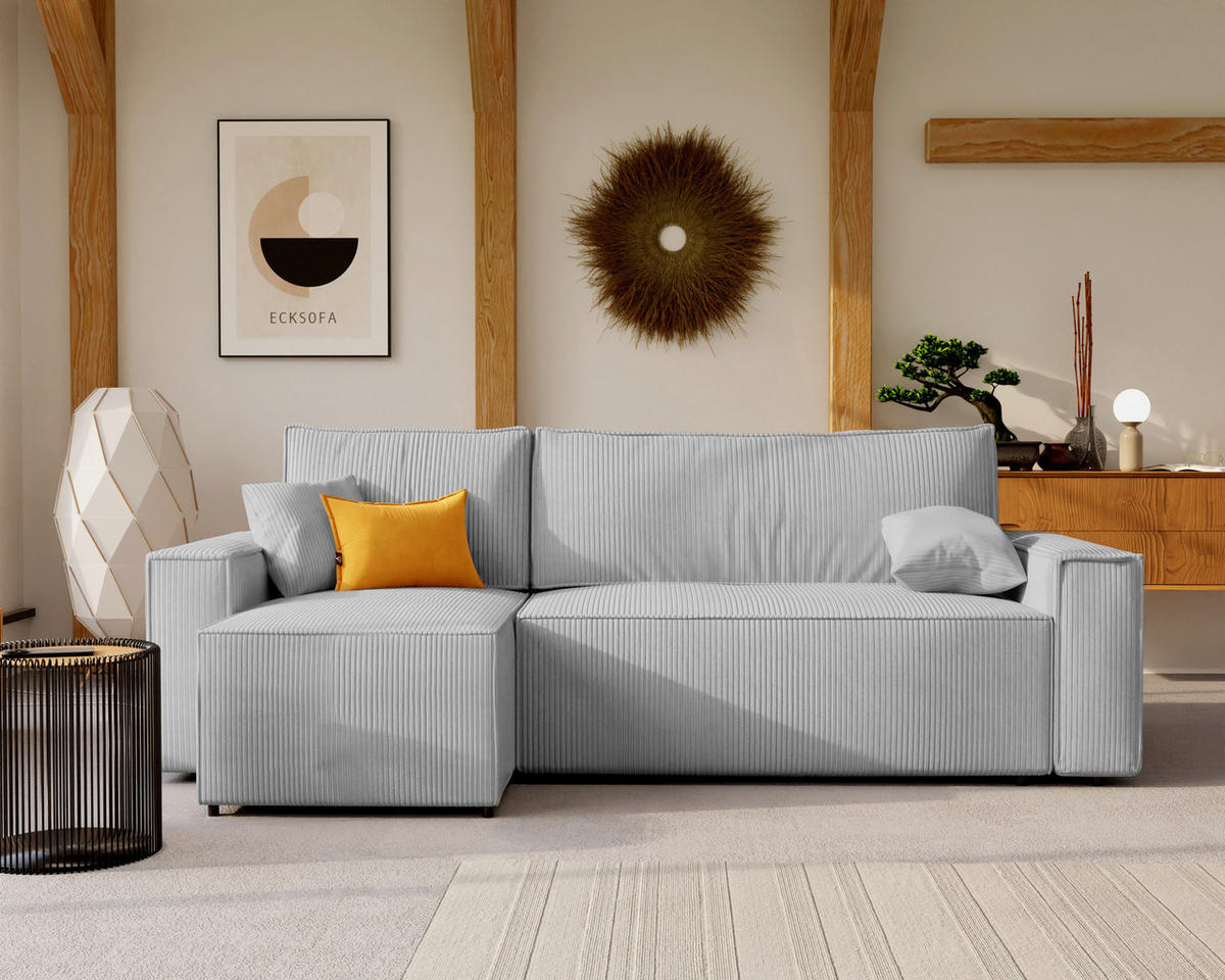 ECKSOFA Paris mit Schlaffunktion Cord - Hellgrau/Grau, Textil (244/155cm) - Idohome