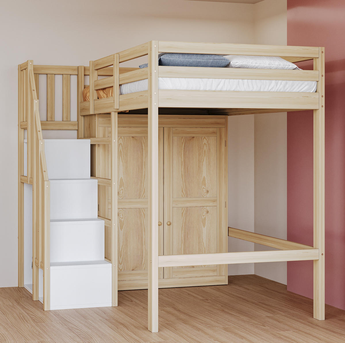 HOCHBETT aus Holz 90x200 cm in Holzfarbe mit Kleiderschrank & Stauraumtreppe - Naturfarben, Holzwerkstoff (90/200cm) - Modfu