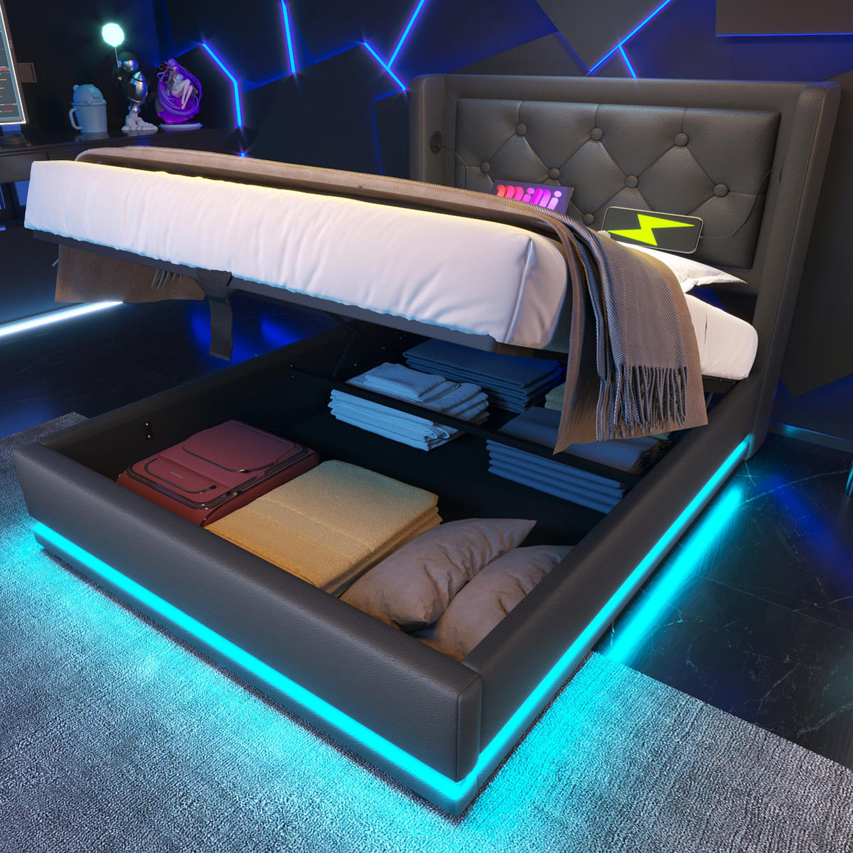 POLSTERBETT 90/200 cm Schwarz PU mit hydraulischem Stauraum und USB-Anschlüssen - Schwarz, Kunststoff (90/200cm) - OKWISH