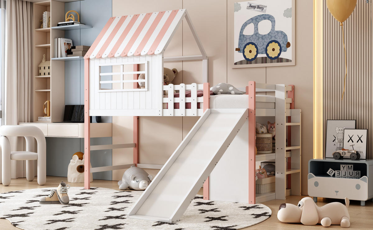 HAUSBETT 90/200 mit Sicherheitsleiter, Rutsche und Staufächern in Rosa - Rosa, Holzwerkstoff (90/200cm) - EVRYAE