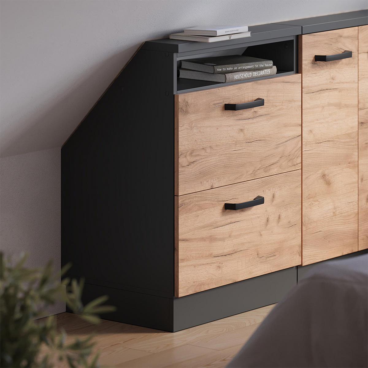 DACHSCHRÄGENSCHRANK Rion Goldkraft Eiche/Anthrazit mit 2 Schubladen - Honigeiche/Anthrazit, Holzwerkstoff (60/81.6/46cm) - Vicco