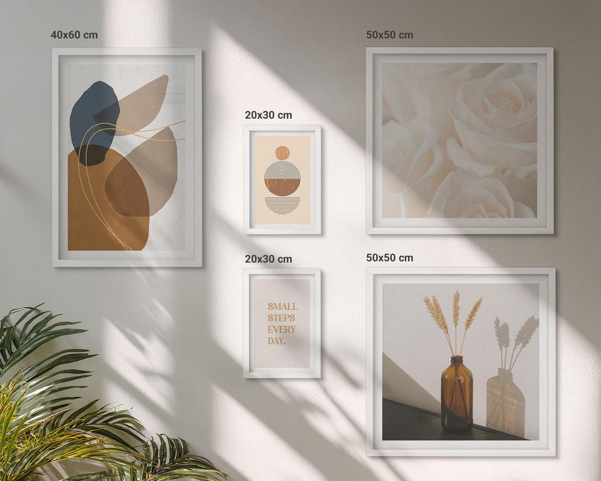 WANDBILDER 5er-Set - 50x50 cm & 20x30 cm & 40x60 cm Weißer Rahmen - Abstrakte Formen Akzente - Weiß, Kunststoff (40/60cm) - ArtPrintCave