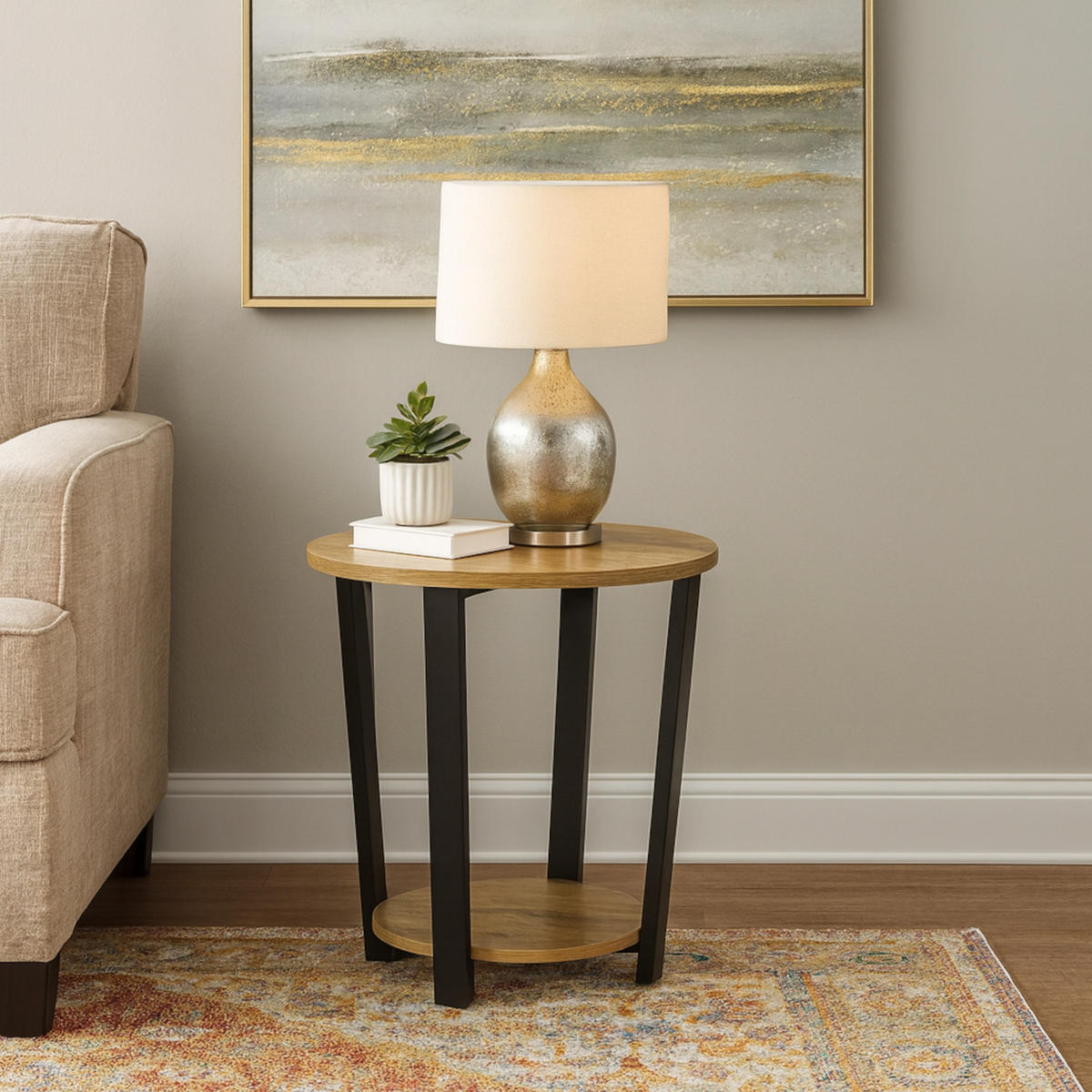 COUCHTISCH Holzoptik Metall Eichefarben Schwarz rund klein 46x52 cm - Eichefarben/Schwarz, Holzwerkstoff/Metall (46/46/52cm) - Begryf