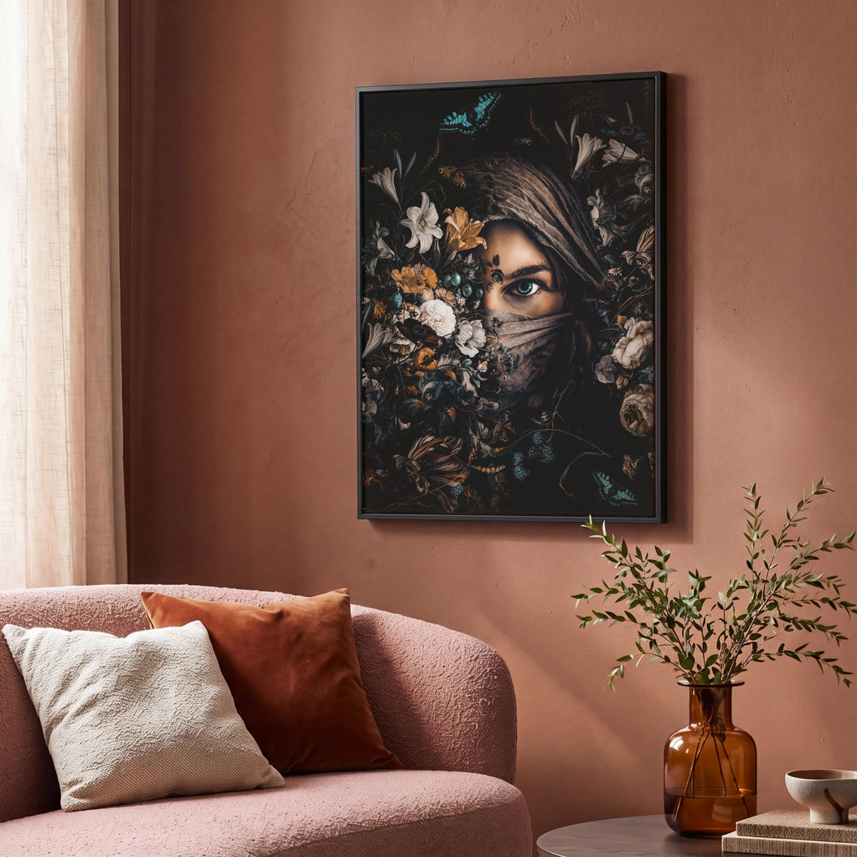 LEINWAND Bilder mit Rahmen - Frau - Luxus - Blumen - Schmetterling - Porträt - 70x100 - Schwarz, Textil (70/100cm) - MuchoWow