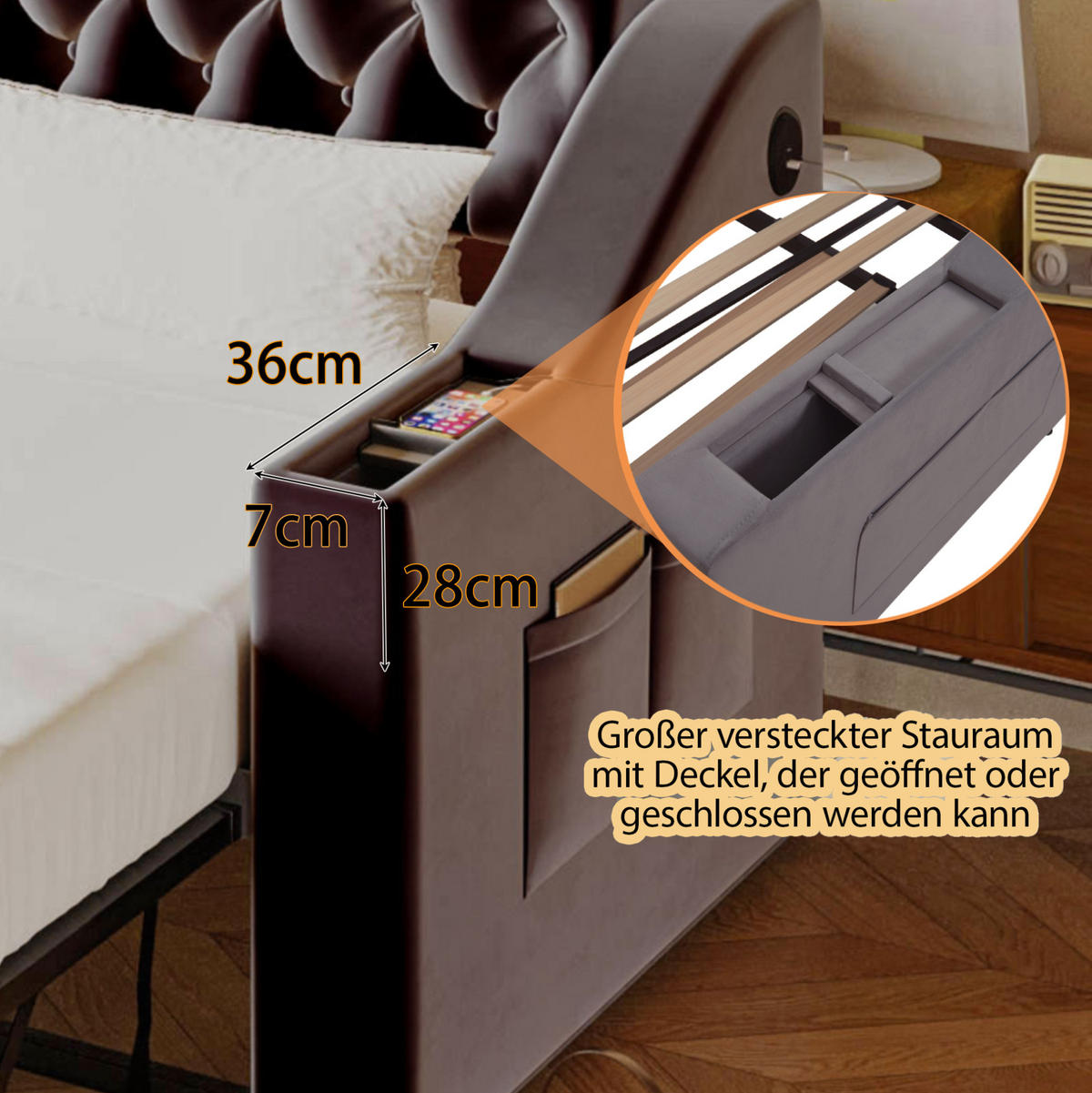 SAMT-POLSTERBETT 90/190 cm mit Auszug, USB und Lattenrost - Dunkelgrau, Textil (90/190cm) - BEAOK