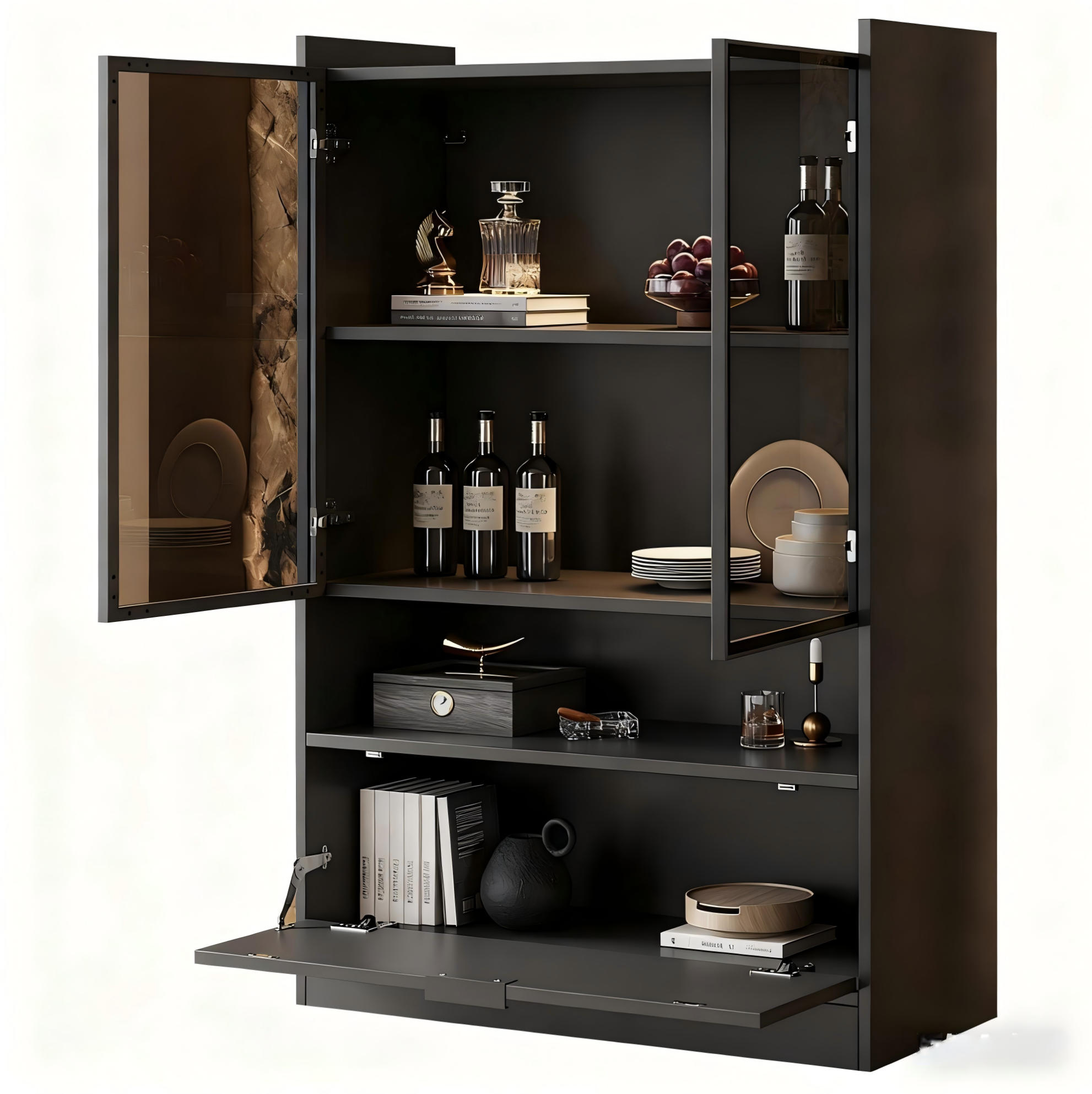 VITRINE 80/35/120 cm mit LED-Beleuchtung, Glastüren und Klapptür, Schwarz matt - Schwarz, Holzwerkstoff (80/120/35cm) - Redom