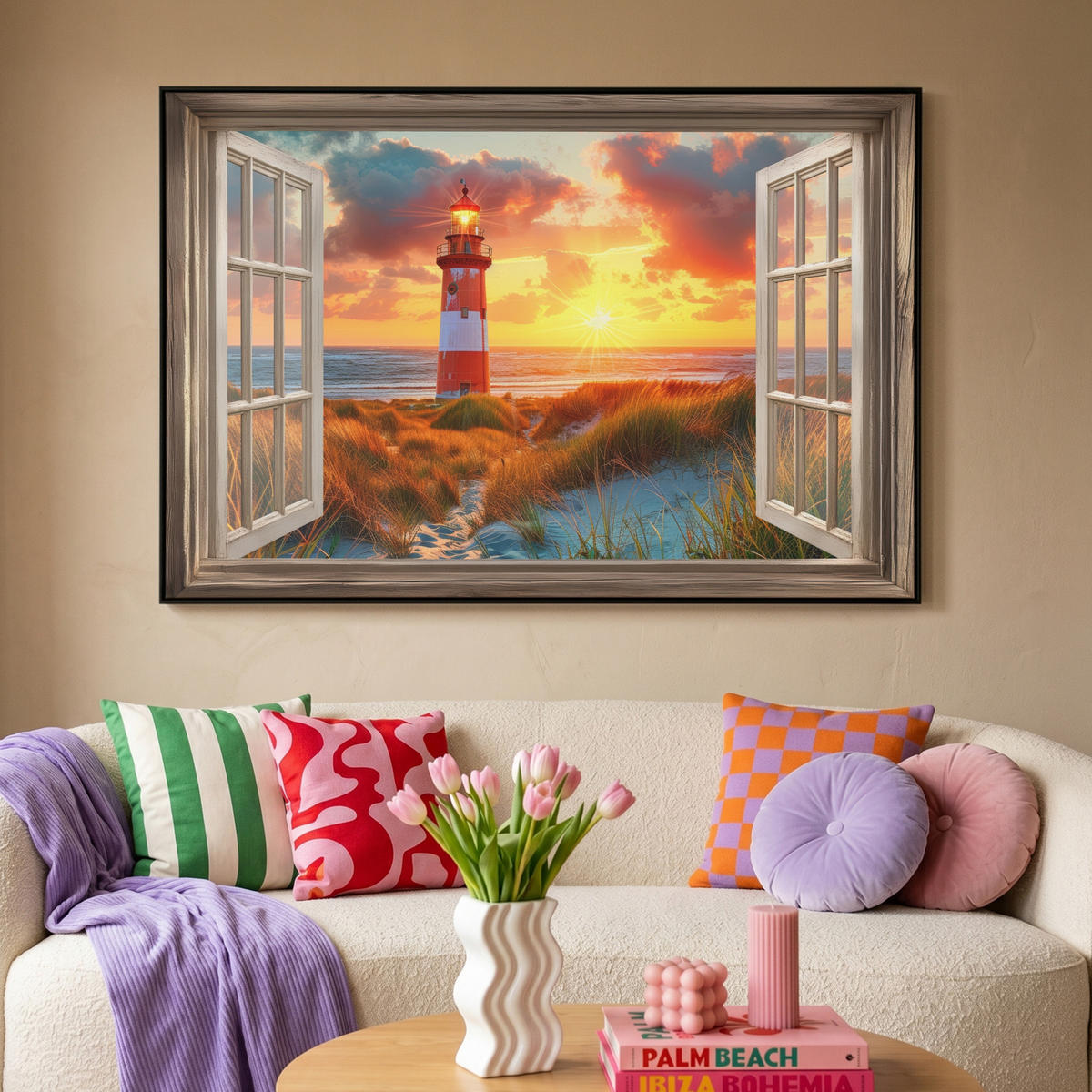 LEINWAND Bilder mit Rahmen - Aussicht - Fenster - Leuchtturm - Sonnenuntergang - Strand - 120x80 - Dunkelorange, Textil (120/80cm) - MuchoWow