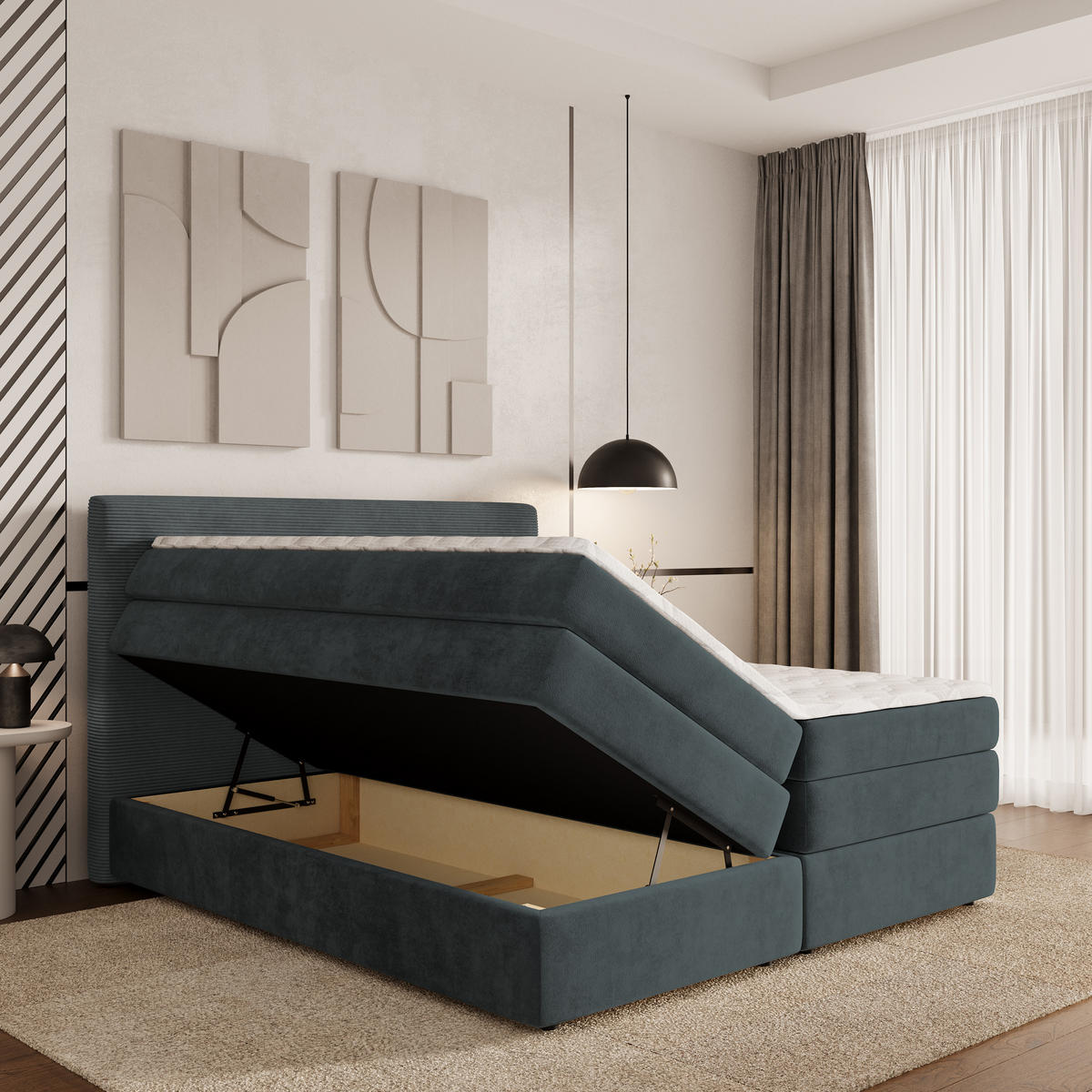 BOXSPRINGBETT MATERN 160x200 cm mit Matratze und Topper - Grau - Grau, Holz (160/200cm) - MASSENO