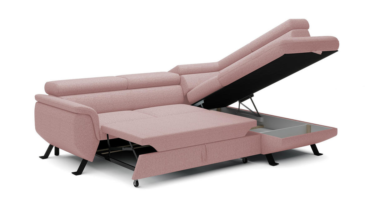 ECKSOFA Raven L mit Schlaffunktion und Bettkasten, Freistehend, Polstersofa mit Verstellbaren Kopfstützen, 257x198x96 cm – Rechte, Puderrosa - Rosa, Holz/Textil (256/198cm) - DomoHome