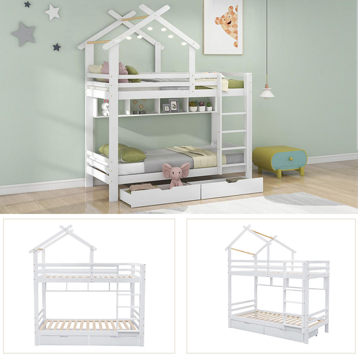 ETAGENBETT aus Kiefer und MDF 90x200 cm Weiß mit Schubladen, Regalen, Fallschutz und Leiter - Weiß, Holzwerkstoff (90/200cm) - Modfu