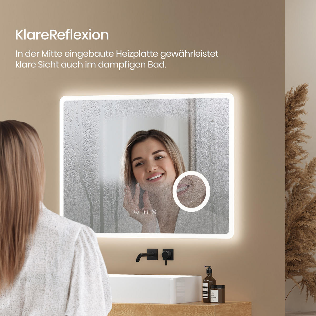 BADSPIEGEL mit 3-Tasten-Bluetooth Beleuchtung mit Integriertem Schminkspiegel 80/60 cm - Weiß, Glas (60/3.5/80cm) - EMKE