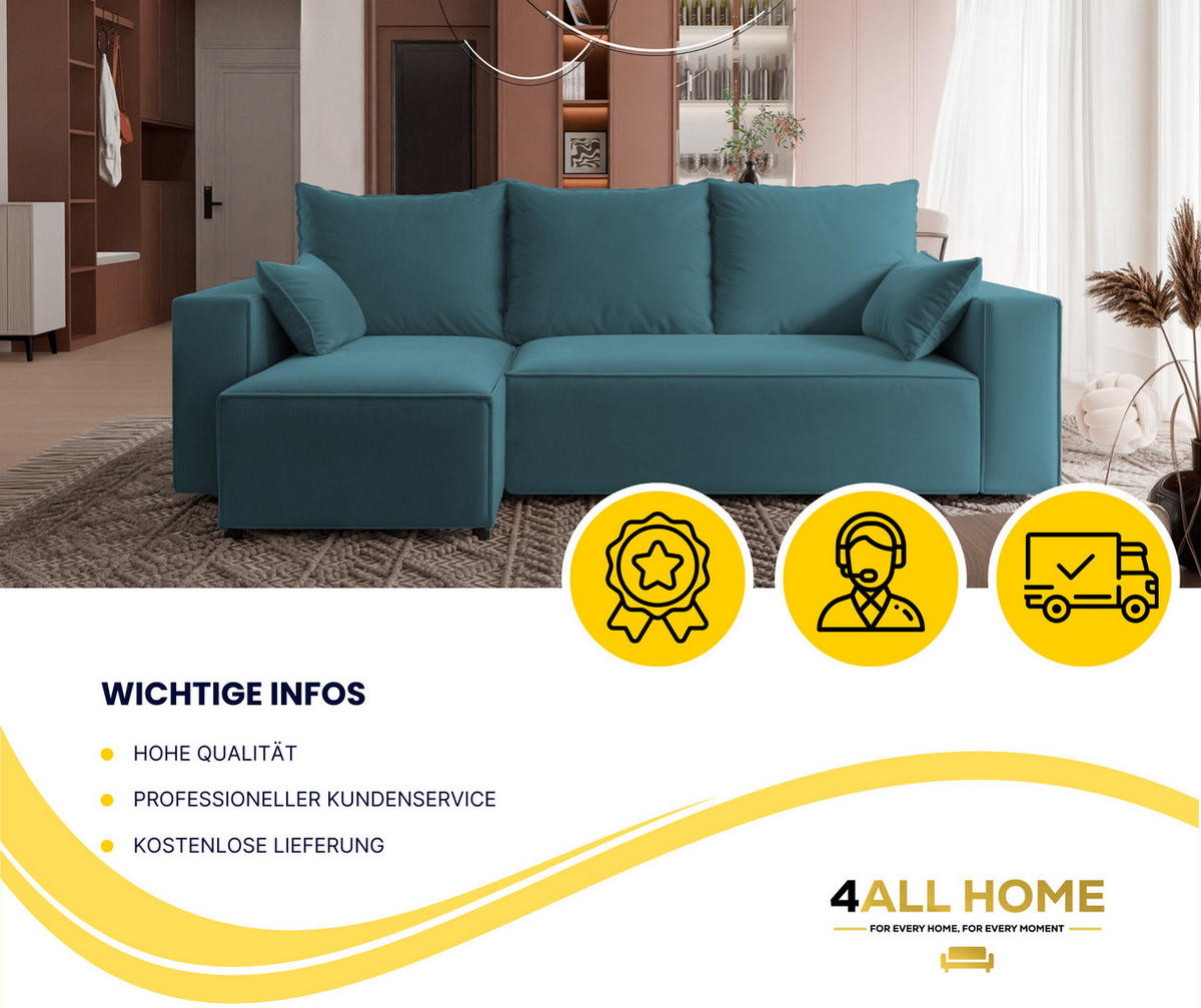 ECKSOFA Tobi mit Bettkasten und Schlaffunktion, L-Form, Velourstoff, Universal - Türkis, Holzwerkstoff (246/145cm) - 4ALL HOME