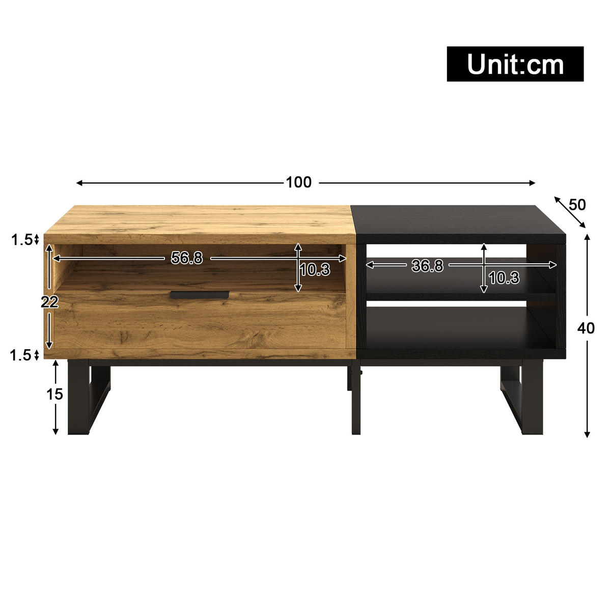 COUCHTISCH 100/50/40 cm schwarz und natur mit 3 Fächern und Schublade - Naturfarben, Holzwerkstoff (100/50/40cm) - OKWISH