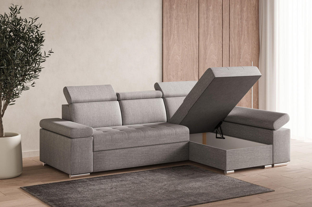 ECKSOFA mit Schlaffunktion Luka L Twist 19 - Hellgrau - Rechts - Silberfarben/Hellgrau, Holzwerkstoff (260/168cm) - Möblo