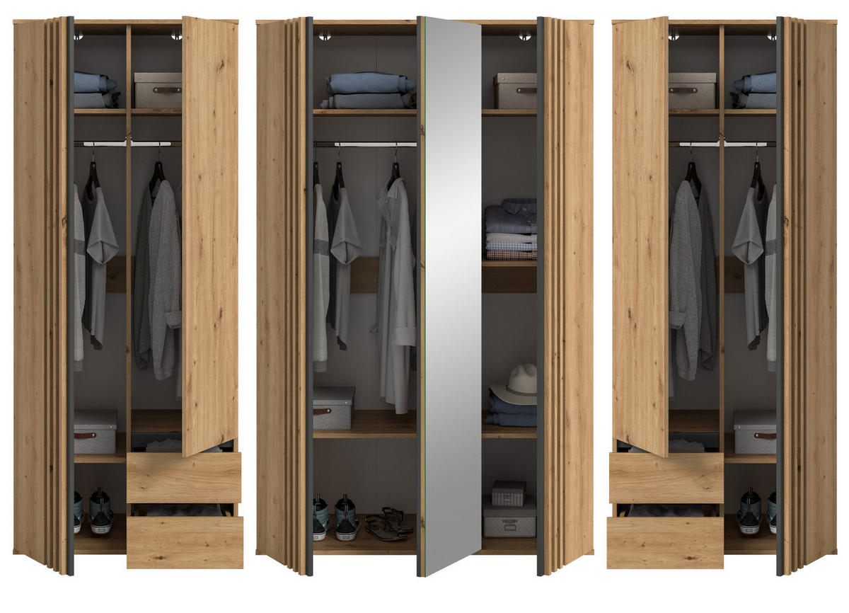 KLEIDERSCHRANK Eiche Artisan, grau 280 cm 7-türig, Wäscheschrank mit Spiegel und Schubladen - Anthrazit/Eiche Artisan, Holzwerkstoff (280/192/56cm) - Inn.Furn