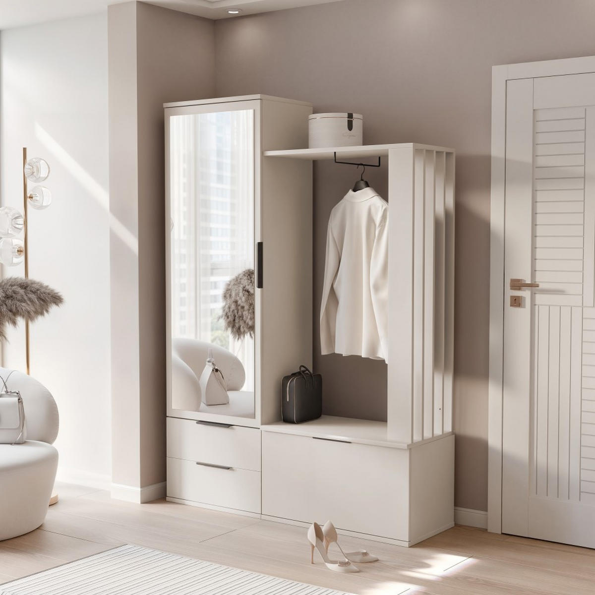 GARDEROBENSCHRANK Lorenzo mit Spiegel und 2 Schubladen, Sandbeige - Sandfarben, Holzwerkstoff (140/200/42.5cm) - Beautysofa