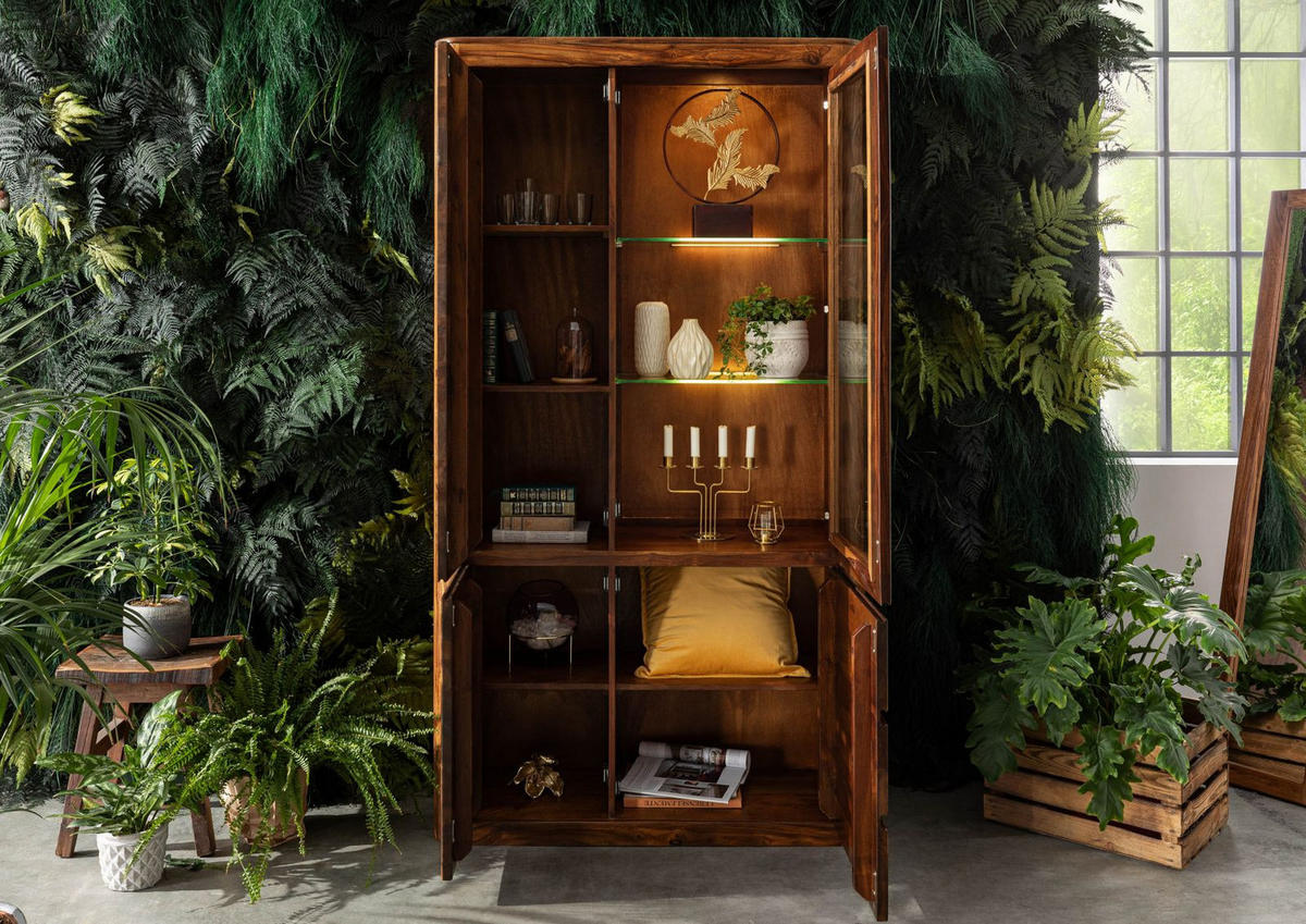 VITRINE Sheesham 109x40x202 walnuss gewachst TORONTO #211 - Walnussfarben, Holzwerkstoff (109/202/40cm) - Massivmoebel24