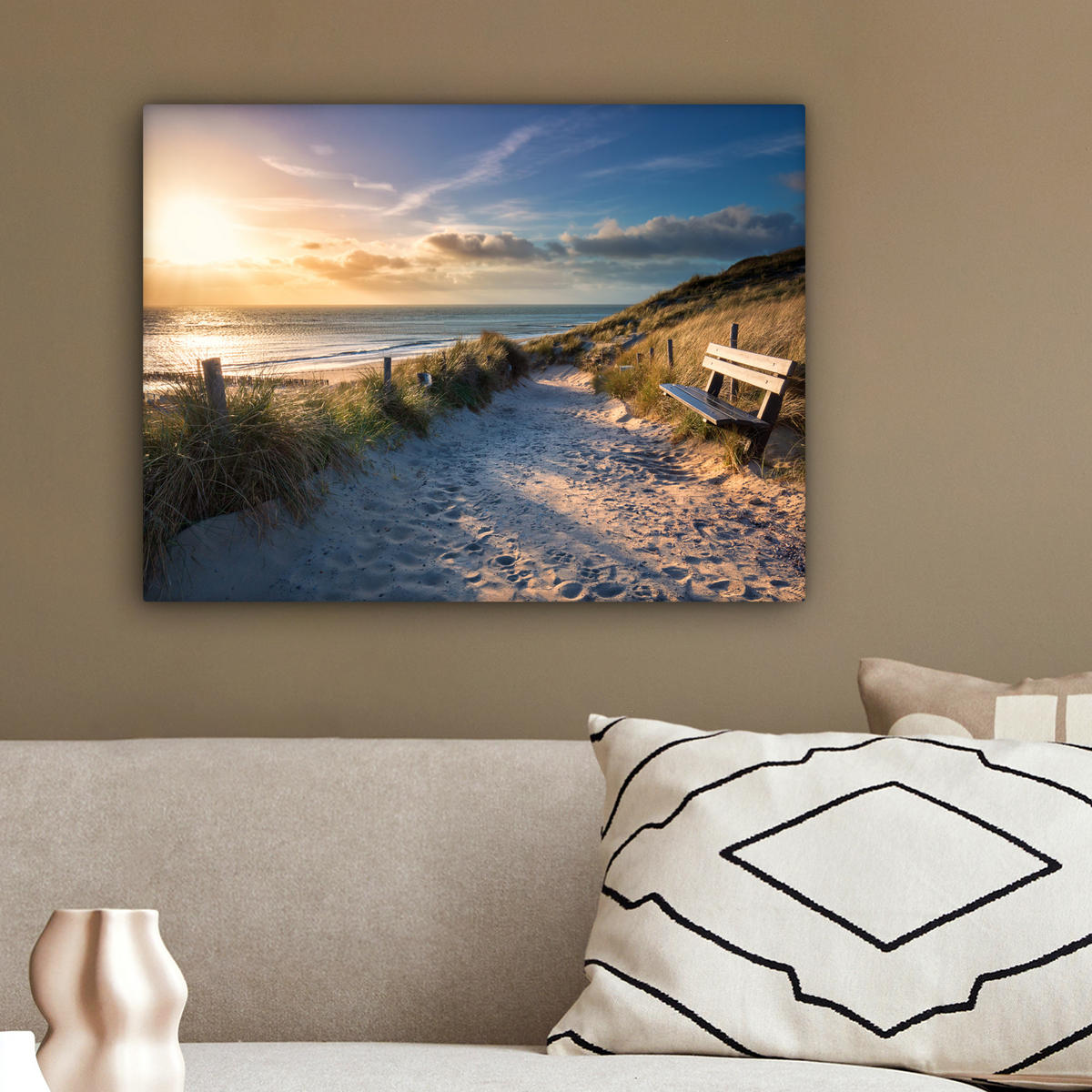 LEINWANDBILD - Sonnenuntergang - Strand - Düne - Gras - Ufer - 40x30 - Wanddeko - Sandfarben, Textil (40/30cm) - MuchoWow