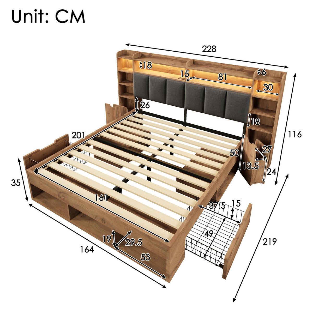 SYSTEMBETT 160/200 cm mit LED-Beleuchtung, USB-Anschlüssen, Stauraum und Rollschubladen , Eichefarben - Eichefarben, Holzwerkstoff (160/200cm) - Redom