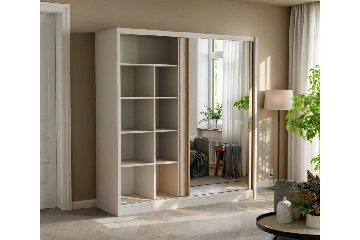 SCHWAEBETÜRENSCHRANK NEW YOURK LUX 203/215/61 cm in Kaschmir mit Lamellen und Spiegel - Kaschmir, Holzwerkstoff (203/215/61cm) - Deine Möbel 24