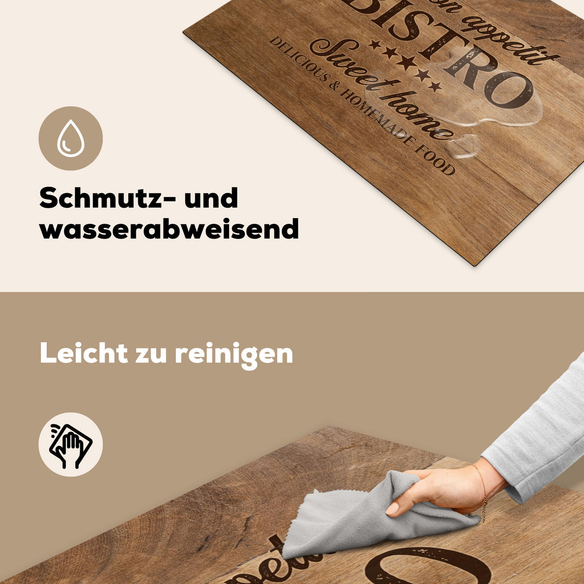 HERDABDECKPLATTE Zitat - Bistro - Guten Appetit - Süßes Zuhause - Holzmaserung 75x52 cm - Braun, Kunststoff (75/0.2/52cm) - MuchoWow