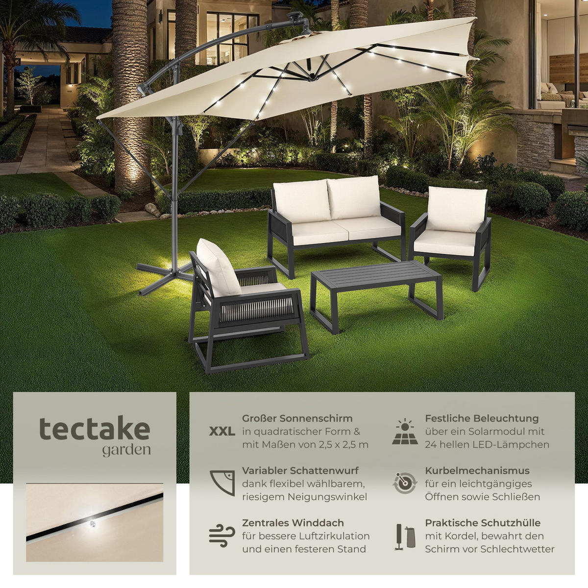 SONNENSCHIRM Sunna,wasserabweisend, inkl. Windsicherung und Schutzhülle,beige - Beige, Kunststoff (250/300cm) - tectake