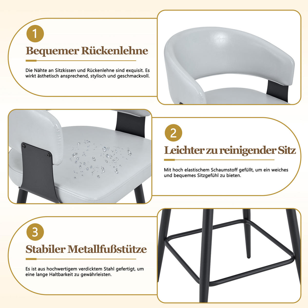 BARHOCKER DE-36675 2er-Set mit Kunstlederbezug und Metallgestell Schwarz - Grau, Metall (47/94.5/46cm) - ComfortXL