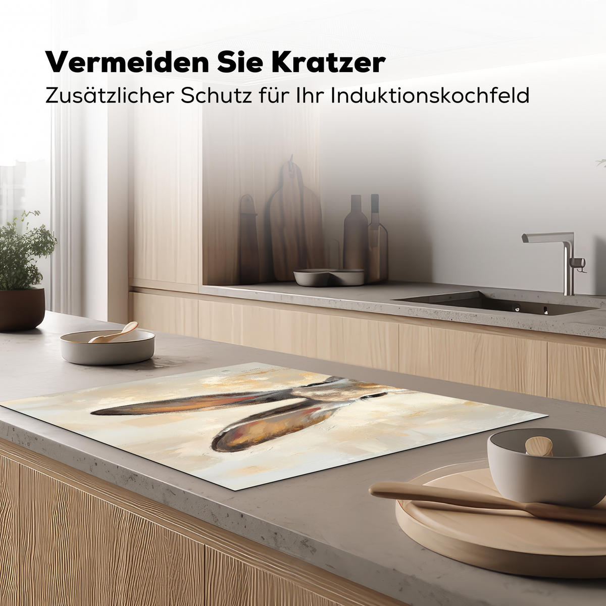 HERDABDECKPLATTE Hase - Ohren - Braun Induktionsmatte 77x59 cm - Beige, Kunststoff (77/59/0.2cm) - MuchoWow
