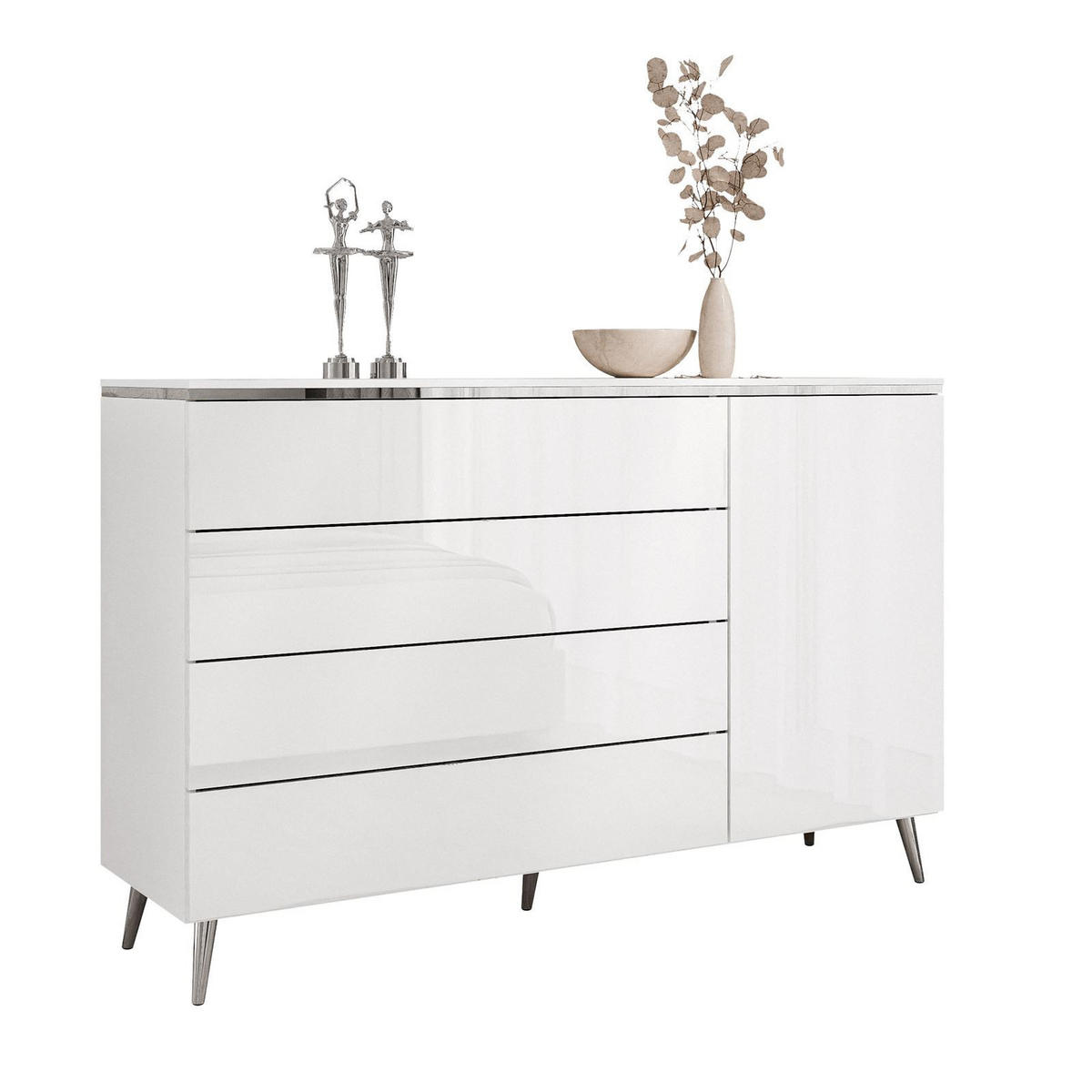 KOMMODE AURORA SILVER 4S1D mit Schubladen – mit schrägen verchromten Beinen - Weiß Hochglanz/Silberfarben, Holzwerkstoff/Metall (140/90/40cm) - Lookway