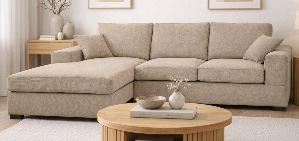 SOFA beige Strukturstoff 308 cm, Ecksofa 5-Sitzer, L-Sofa Ottomane links - Beige/Schwarz, Holz/Textil (308/186cm) - Inn.Furn